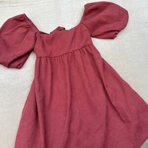 Audrey Parks Women's Small Rust Corduroy Puff Sleeve Tie Back Mini Dress